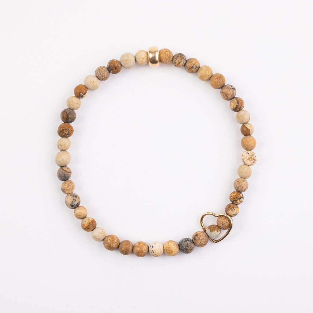 4mm Matte Picture Jasper Floating Gold Heart Bracelet